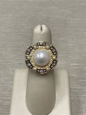 NWOT Armenta Blackened Sterling Silver, Pearl & Champagne Diamond Cocktail Ring